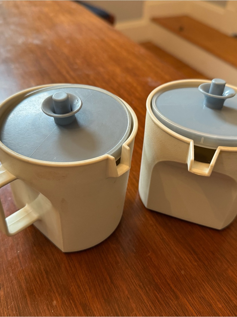 2 Vintage Tupperware Creamer 1414-4 and Sugar Bowl 1415-2 Almond with Blue Lid